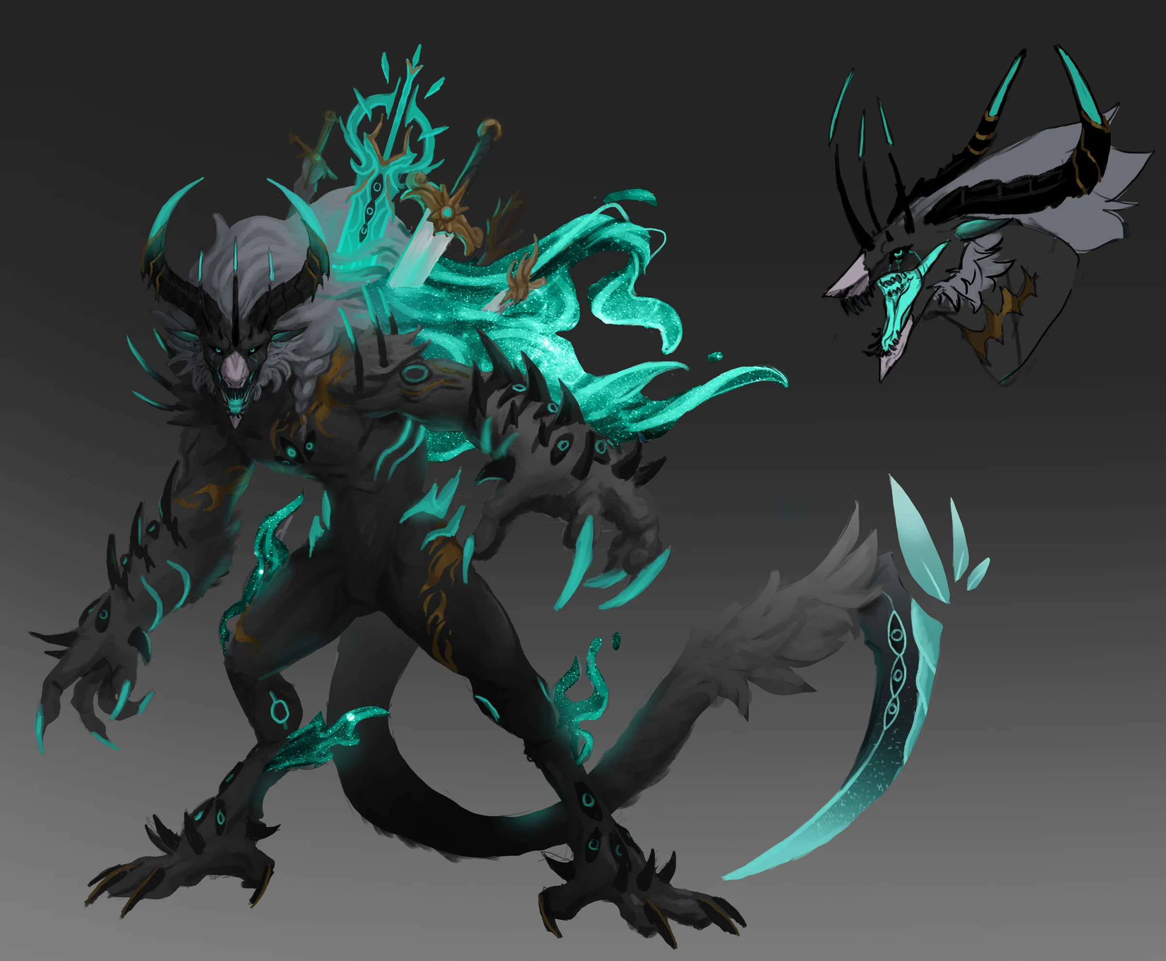 A dark fantasy creature surrounded by teal fire