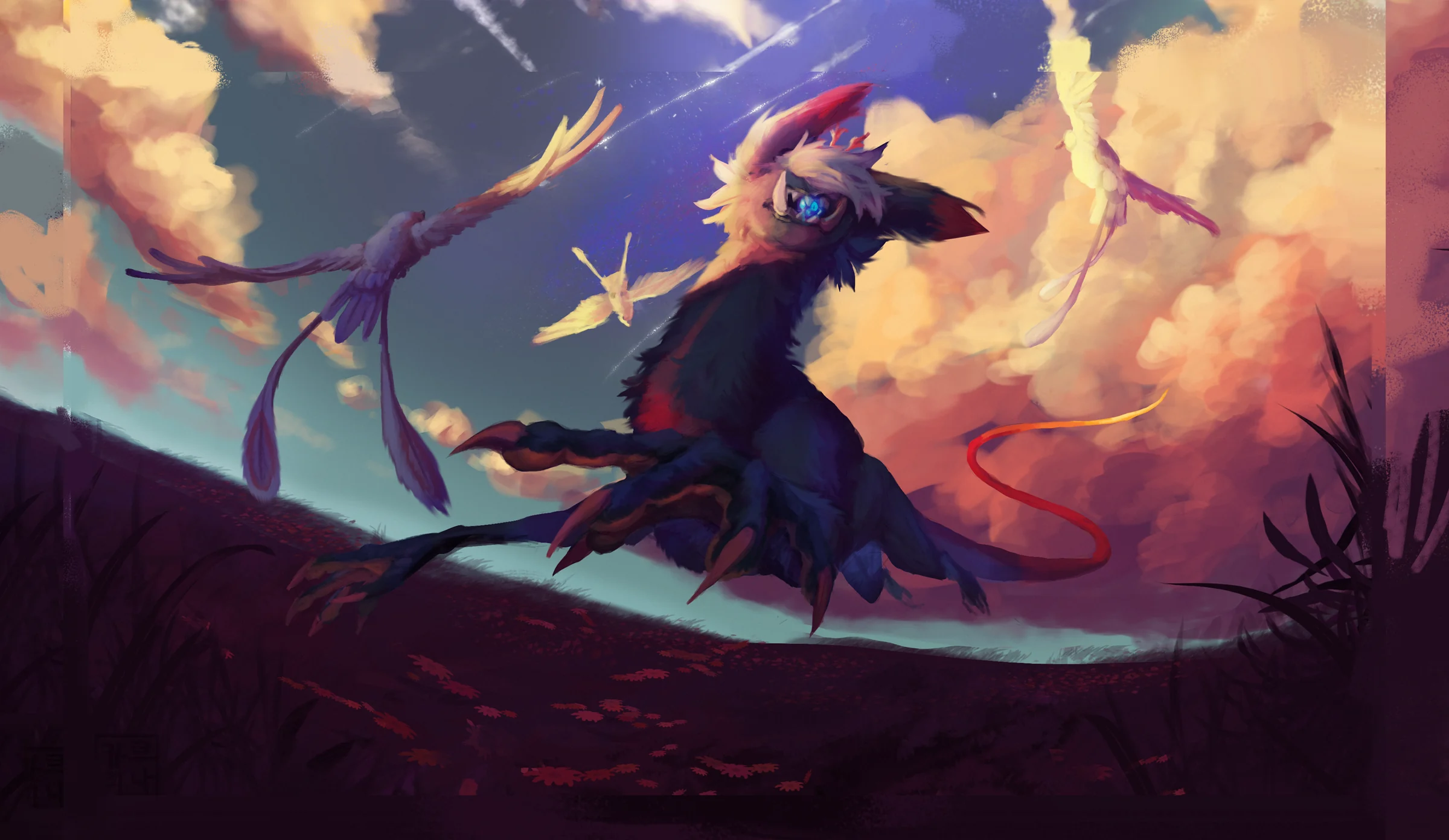 A small red dragon gliding through a sunlit landscape