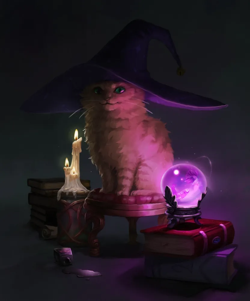 A cat wearing an elaborate wizard hat
